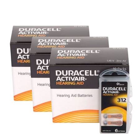 Baterie do aparatu słuchowego Duracell ActivAir 312 / PR41 - 180 sztuk 3x pudełko